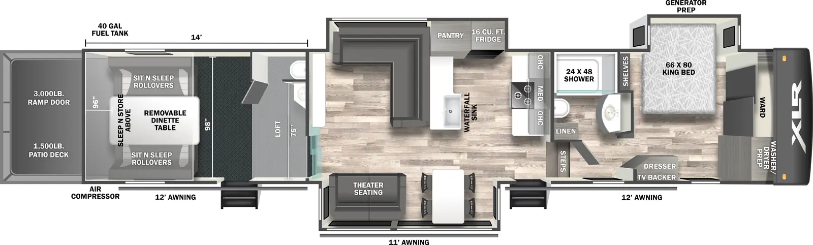 The XLR Nitro 41G14 floorplan is a toy hauler that has two entries and three slide outs. Exterior features include: fiberglass exterior and 12' & 20' awning. Interiors features include: loft, kitchen island, front bedroom and bathroom and a half.